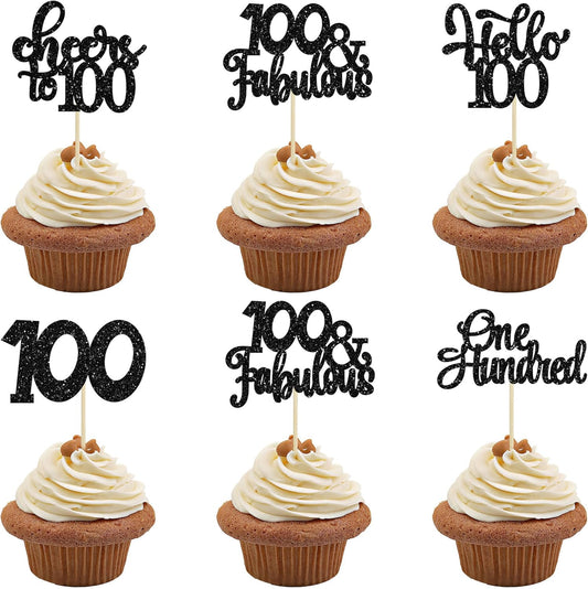 30pcs Happy 100th Birthday Cupcake Toppers - Black Glitter One Hundred Cheers to 100 Years Old Cupcake Picks for Anniversary Party Cake Decorations