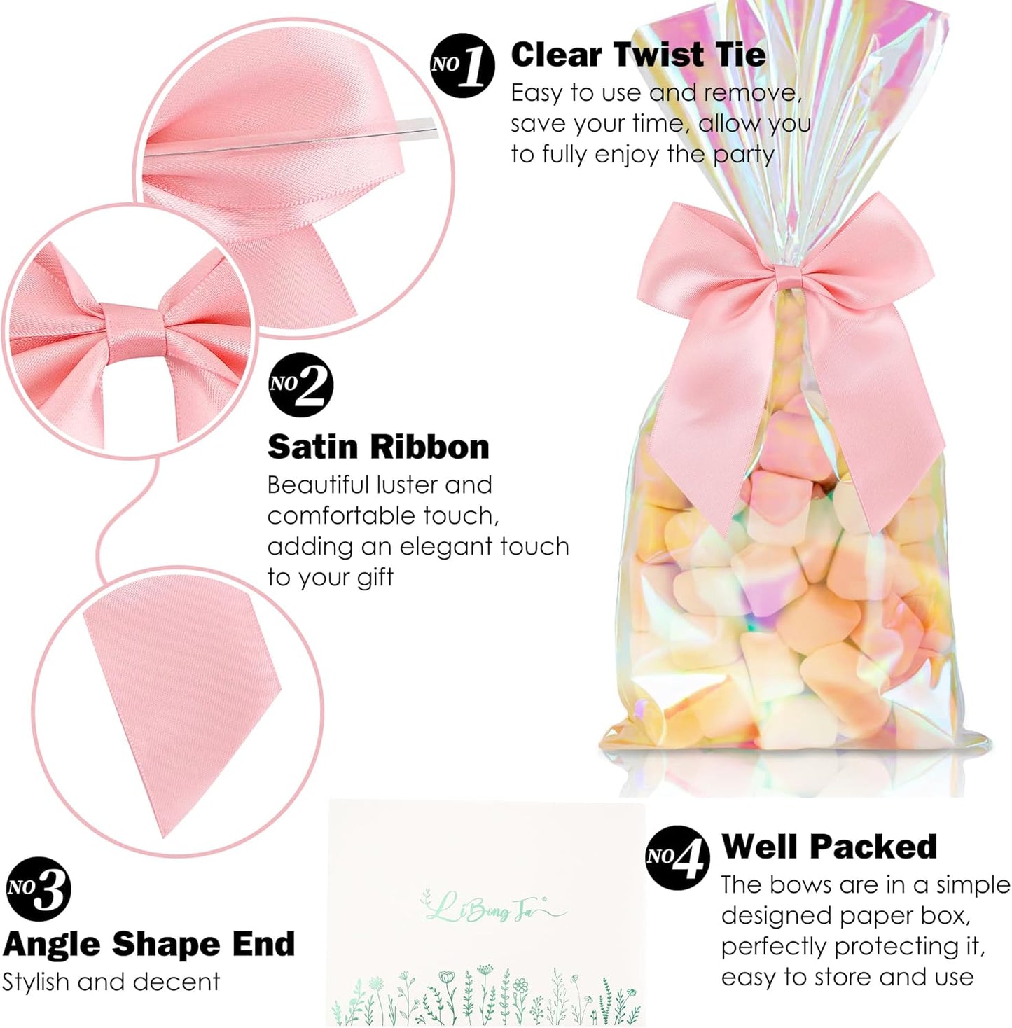 4.5" Satin Ribbon Pink Bows for Gift Wrapping, Twist Tie Bows, Cute Bows for Crafts, Party Favors, Premade Bows Pre-Tied Decorative Bows for Flower Bouquets Candy Apple Bows-24 Counts