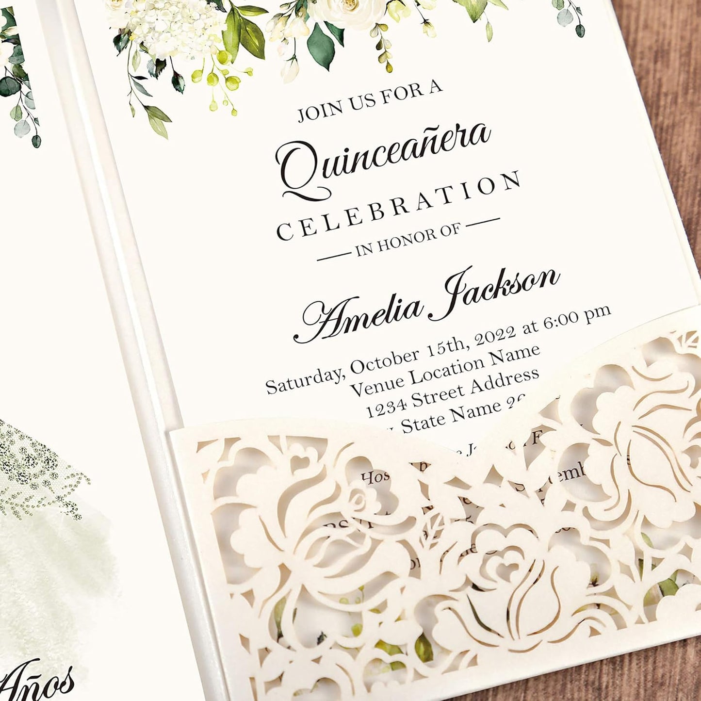 DORIS HOME 50pcs Laser Cut Quinceanera Invitations Green and Ivory White, 4.7x7.1 Blank Quince Invitations for 15th Birthday, Invitation cards for Sweet 16 with Envelopes
