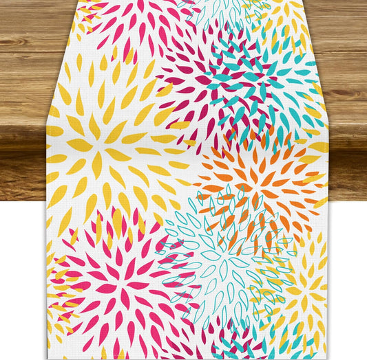 Abstract Flowers Table Runner, Chrysanthemum Dahlia Vintage Modern Colorful Spring Summer Elegant Table Runner for Party Kitchen Dining Living Room Laundry Room Decor, 13x70 Inch