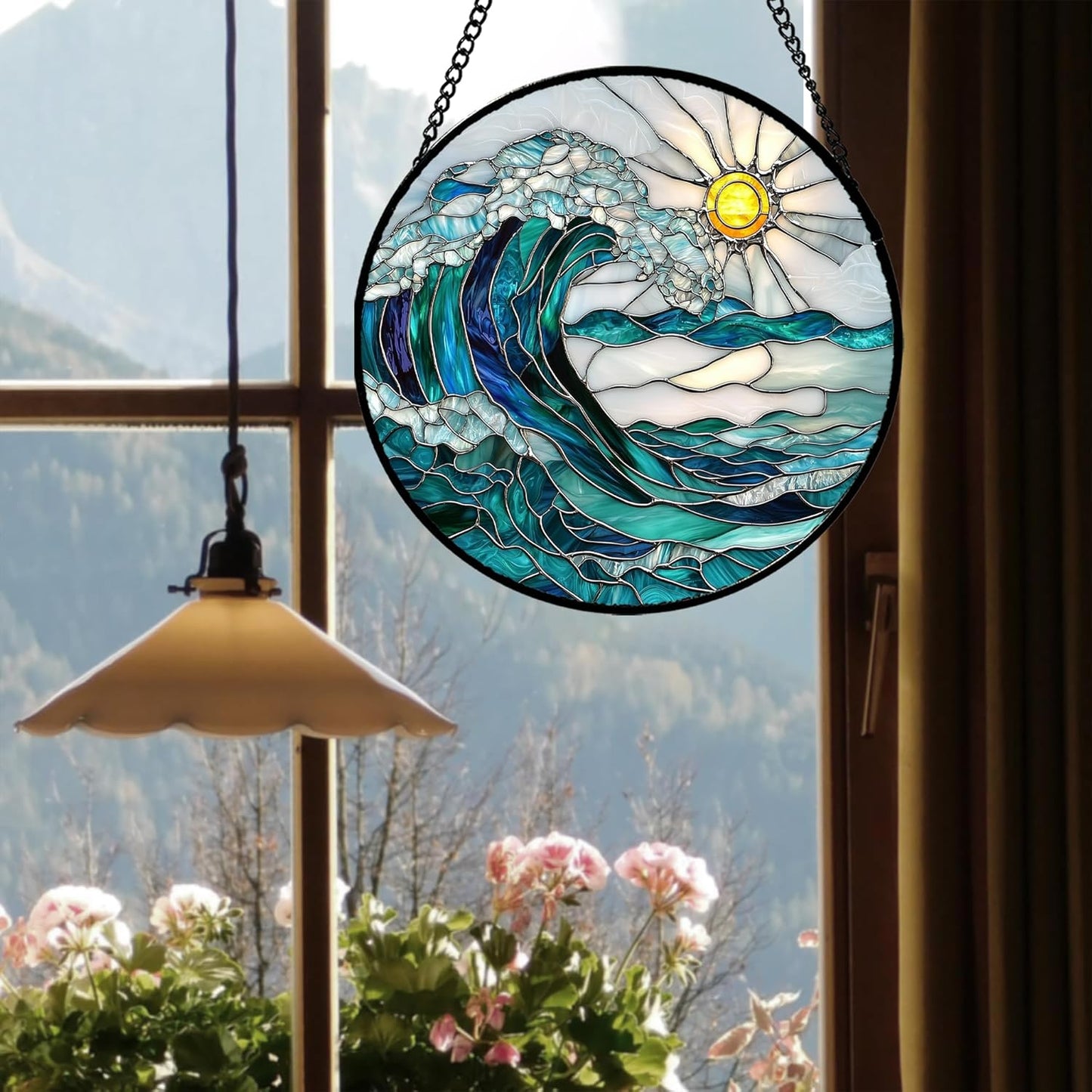 Stained Glass Window Hanging - Blue Green Waves Suncatcher for Door Terrace Garden Home Decor Sunrise Over The Sea Sun Catcher Birthday Gifts for Lovers Women Men Dad Mom Nana 9.8 in