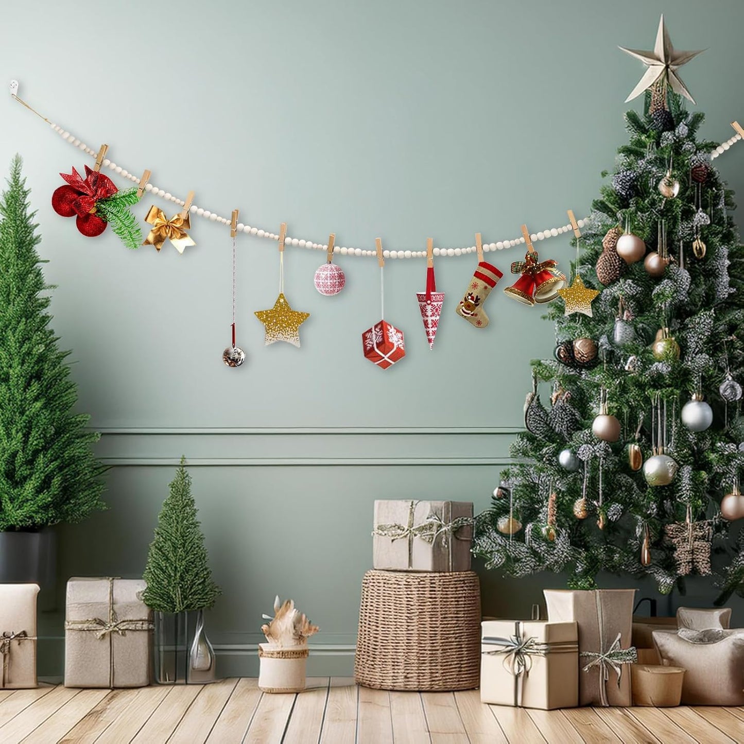 Hanging Photo Display Wall Decor with 45 Wood Clips, 67 Inches Boho Wooden Bead Garland Collage Picture Frame Photos String DIY, Photo Hanger for Bedroom Office Dorm Room Decor Gifts(3PCS)