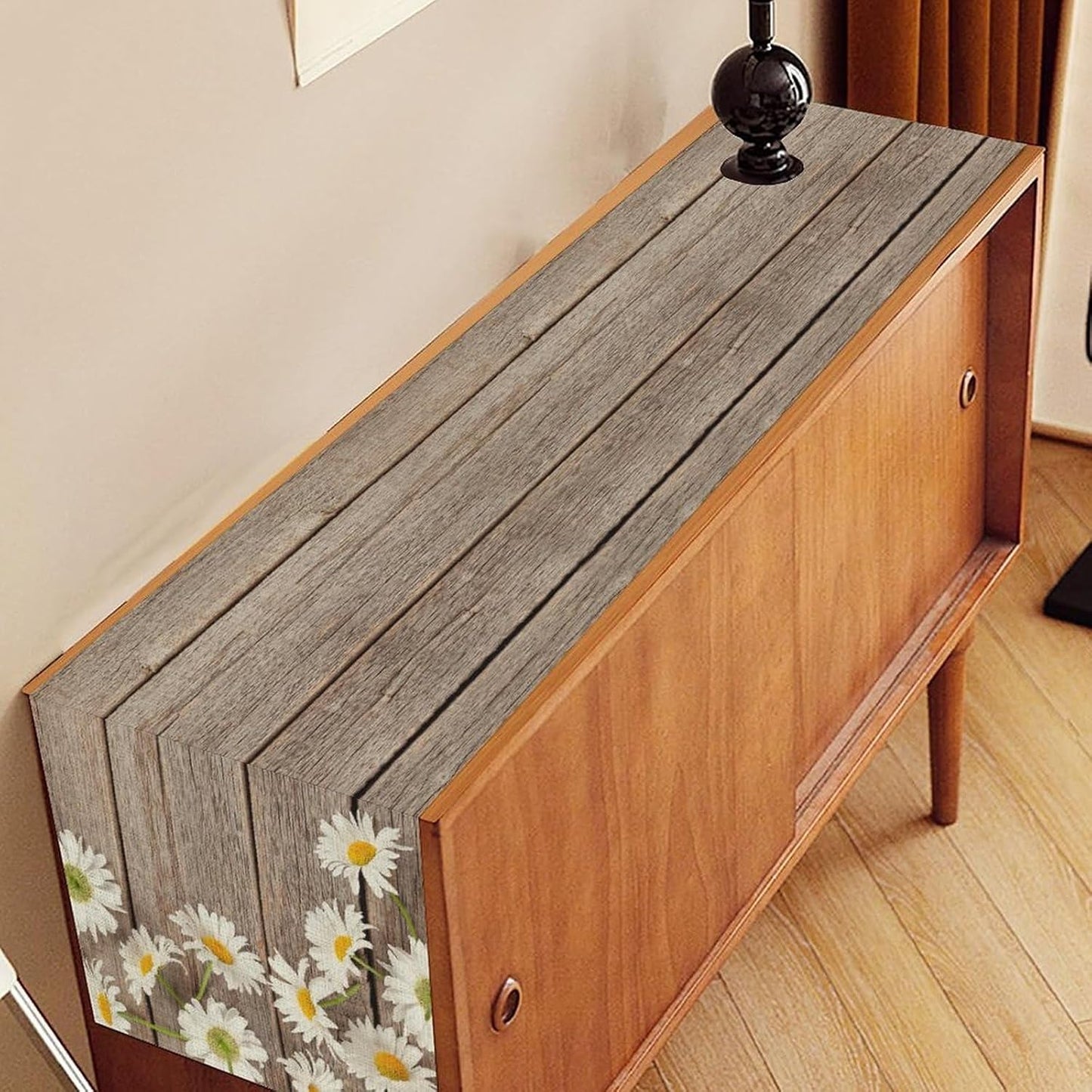 Farmhouse Table Runner, Rustic Wood Plank Spring Daisy Flower Retro Wooden Country Table Center Decor for Home Kitchen Dining Patio Holiday Party Indoor Outdoor Table Decorations, 13"x36" Inch