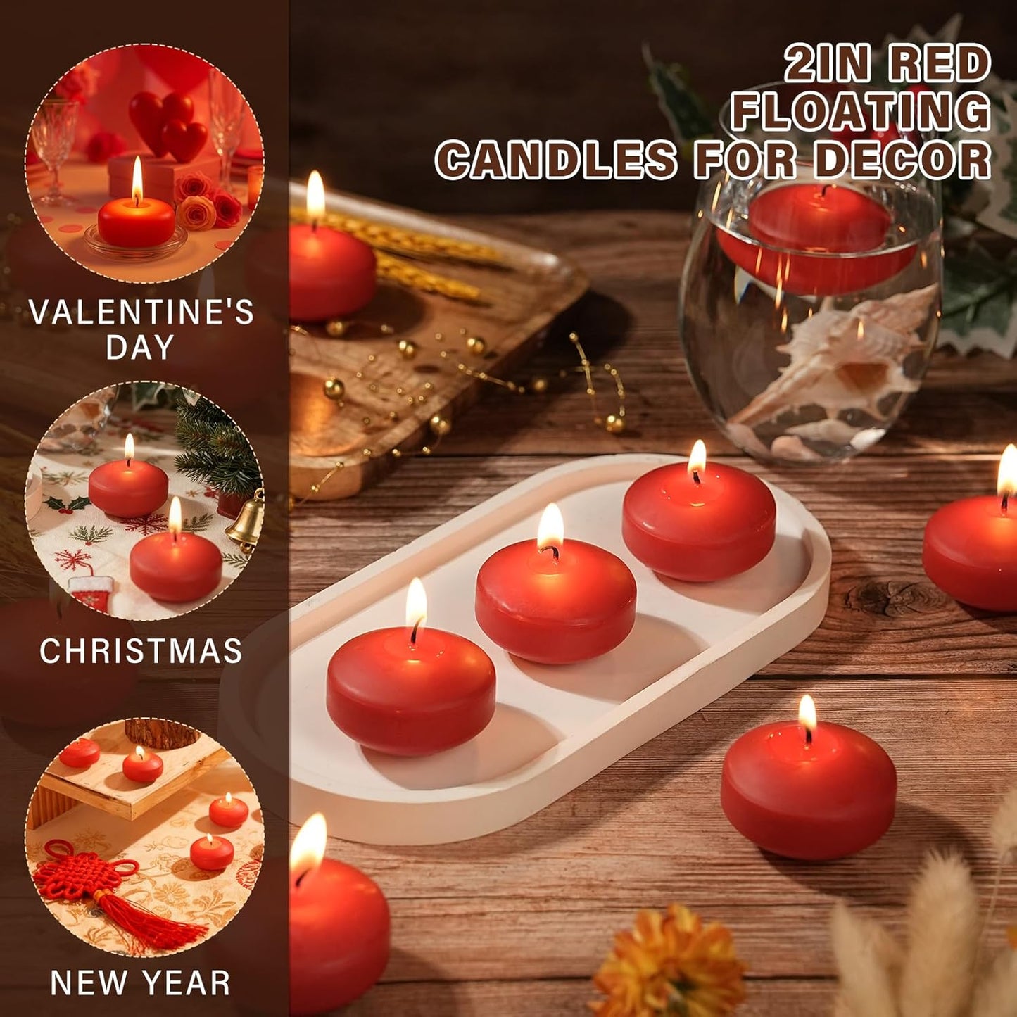 2 inch Red Floating Candles, 48 Pack Unscented Floating Candles for Centerpieces,5-6 Hours Water Activated Candle Bulk for Cylinder Vases Wedding Pool Bathtub