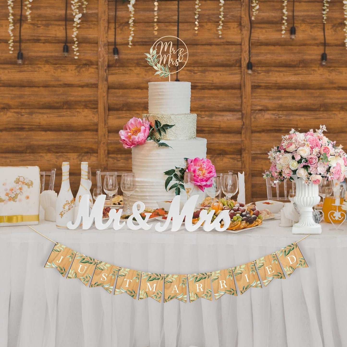 Mr & Mrs Cake Topper & Just Married Banner & Mr Mrs Table Sign Green Wedding Decorations in Wood