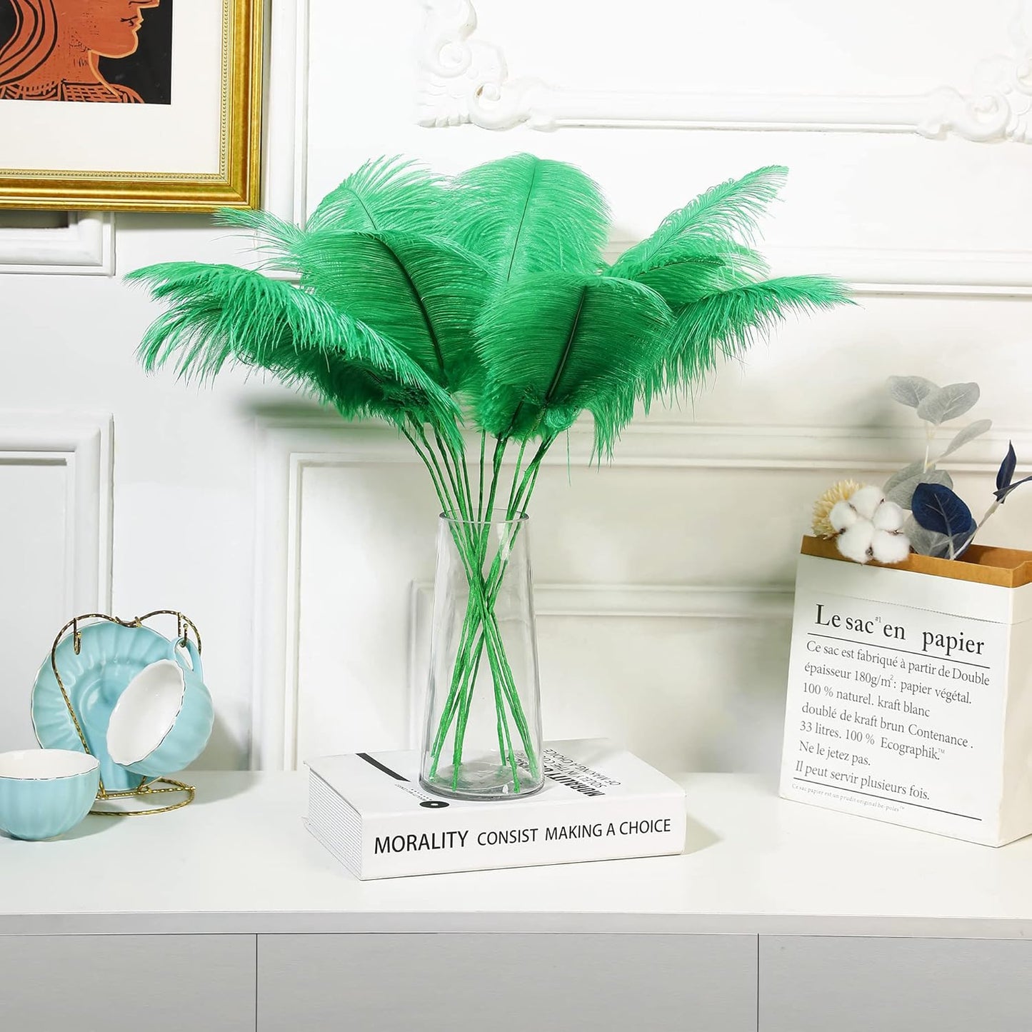 Holmgren Natural Green Ostrich Feather - 20pcs Making Kit 22 Inch Large Ostrich Feathers for Vase, Floral Arrangement, Wedding Party Centerpieces Home Decorations (Green)