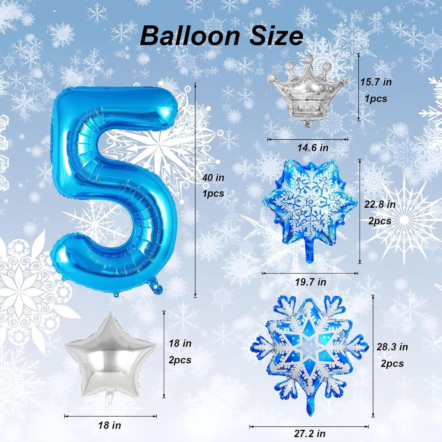 8Pcs Winter Wonderland Decorations - 40inch Blue Number 5 Balloons - snowflake balloons for Winter Wonderland Birthday Decorations