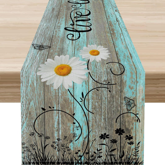 Farmhouse Table Runner, Rustic Wood Plank Spring Daisy Flower Retro Wooden Country Table Center Decor for Home Kitchen Dining Patio Holiday Party Indoor Outdoor Table Decorations, 13"x90" Inch