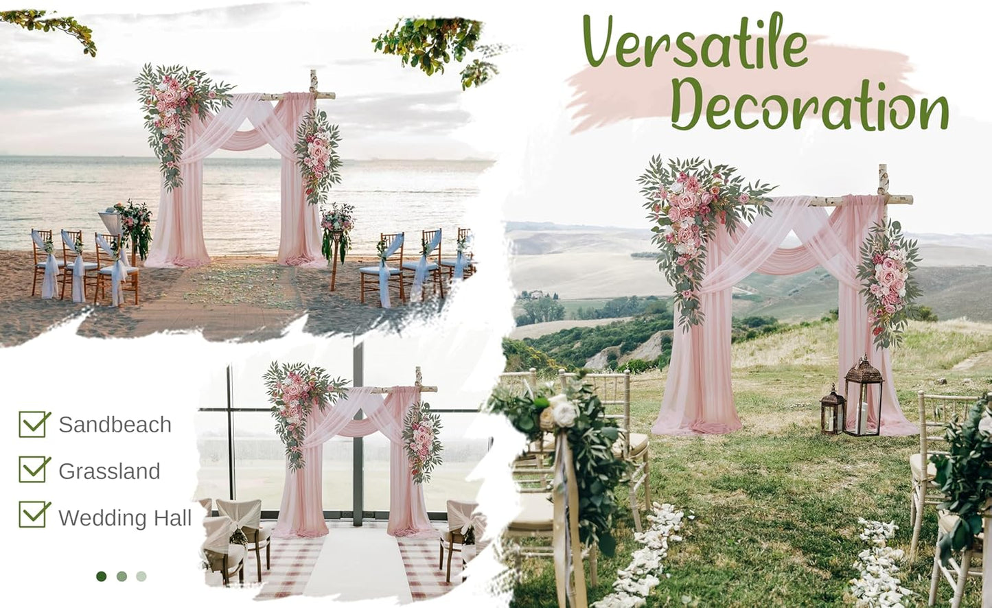 Wedding Arch Flowers with Drapes Kit (Pack of 4) - 2pcs Artificial Dusty Rose Deluxe Swag with 2pcs Sheer Drapes for Wedding Ceremony Arbor Reception Backdrop Rose Floral Decoration