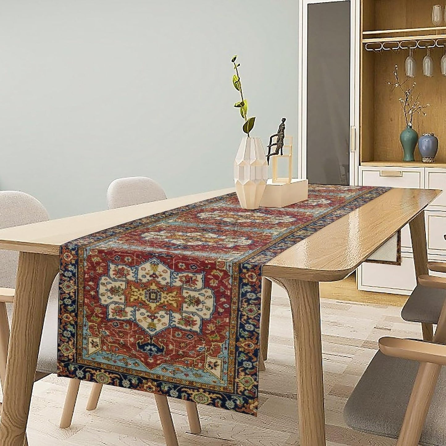 Vintage Boho Floral Table Runner, Rustic Country Farmhouse Red Blue Gold Retro Flower Pattern for Home Kitchen Table Decor Dining Coffee Room Party Decor 13x108in