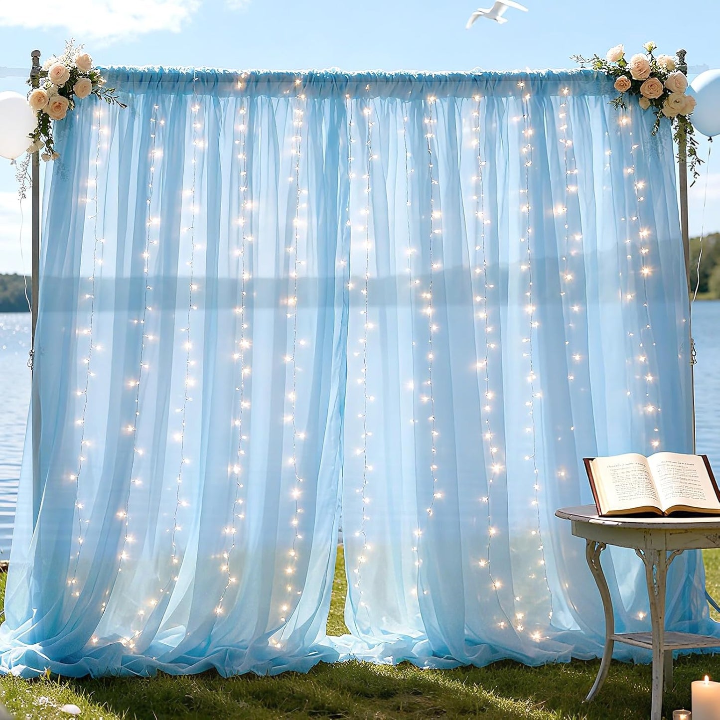Ledido 10×10ft Tulle Backdrop Curtains with Lights String - 300LED Fairy Lights Sheer Curtain Backdrop for Weddings Baby Shower and Birthday Party Decorations(2 Panels 5×10ft)