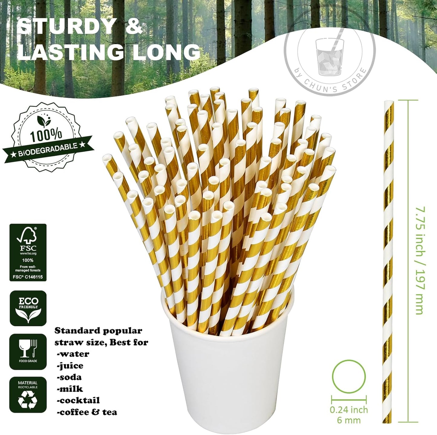 7.75 inch Gold/White Striped Paper Drinking Straws 1000 Counts for Cocktail, Party, Wedding - Disposable, Unwrapped