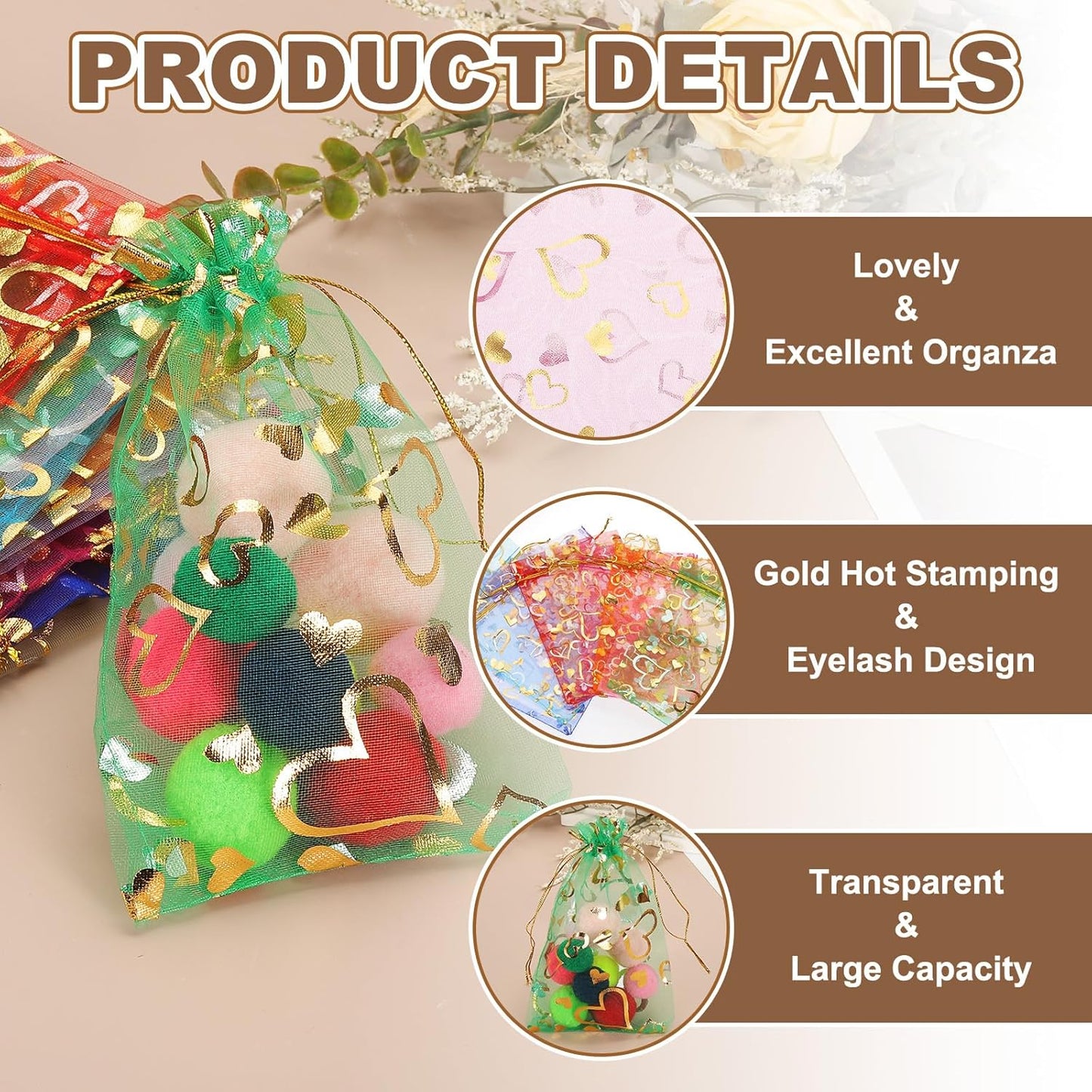 PATIKIL 100 Pcs 5x7 Inch Heart Printed Organza Bags, Pink Sheer Heart Organza Bags with Drawstring for Christmas Candy Jewelry Party Wedding Favor Gift