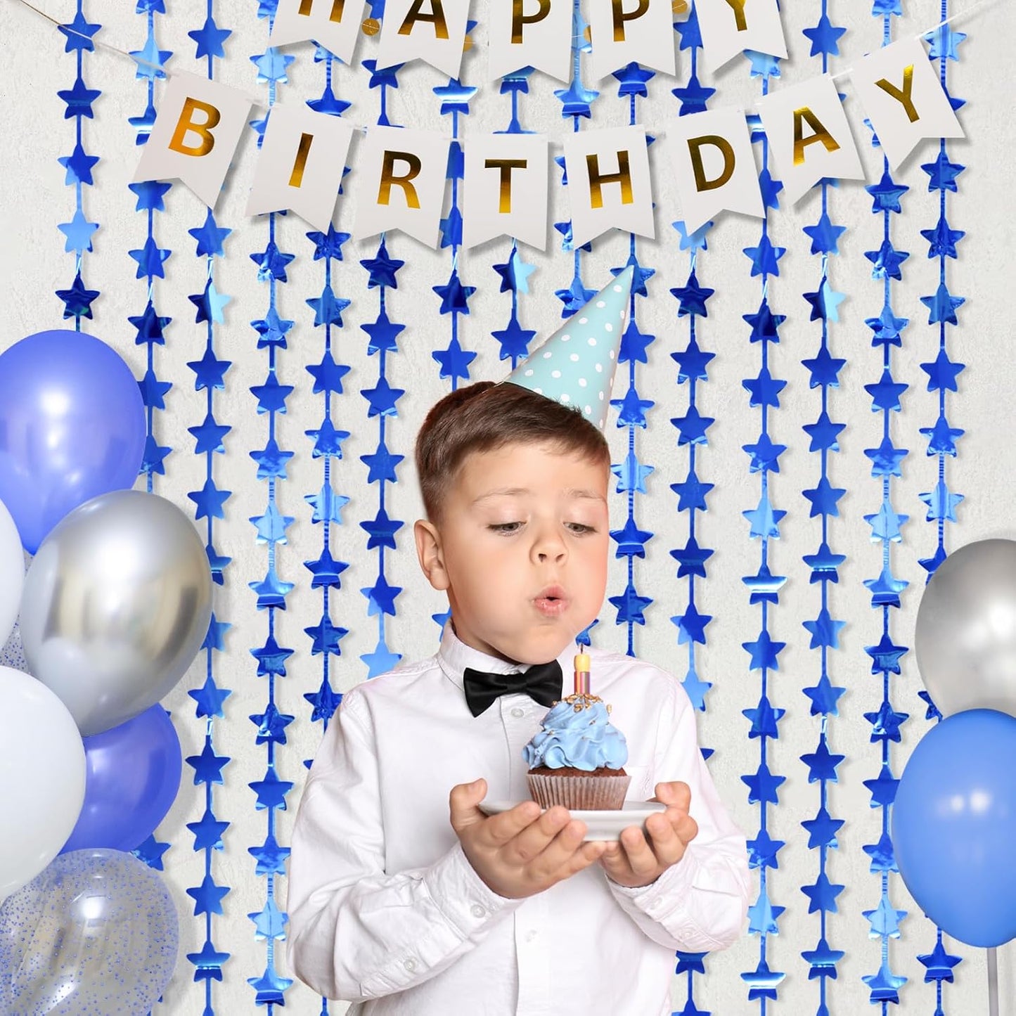 LOLStar 2Pack Blue Happy Birthday Party Decorations 3.3X6.6ft Each Navy Star Streamers Backdrop Foil Fringe Curtains,Photo Booth Props for Blue Baby Shower 18th 21st Birthday Space Party for Boys