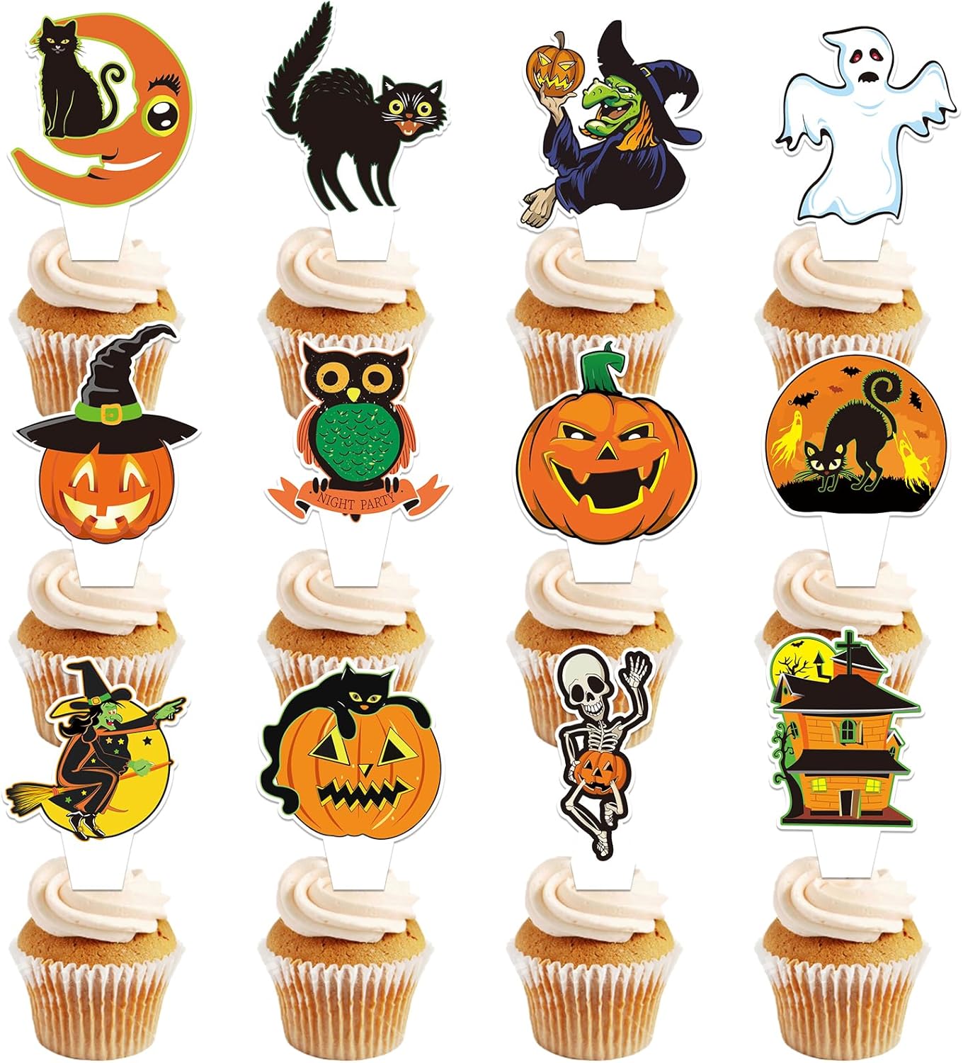 24 PCS Vintage Halloween Cupcake Toppers Halloween Happy Birthday Party Decorations Cake Decor Cupcake Decorations Cake Decorating Party Supplies Decor for Baby Shower Boys Girls