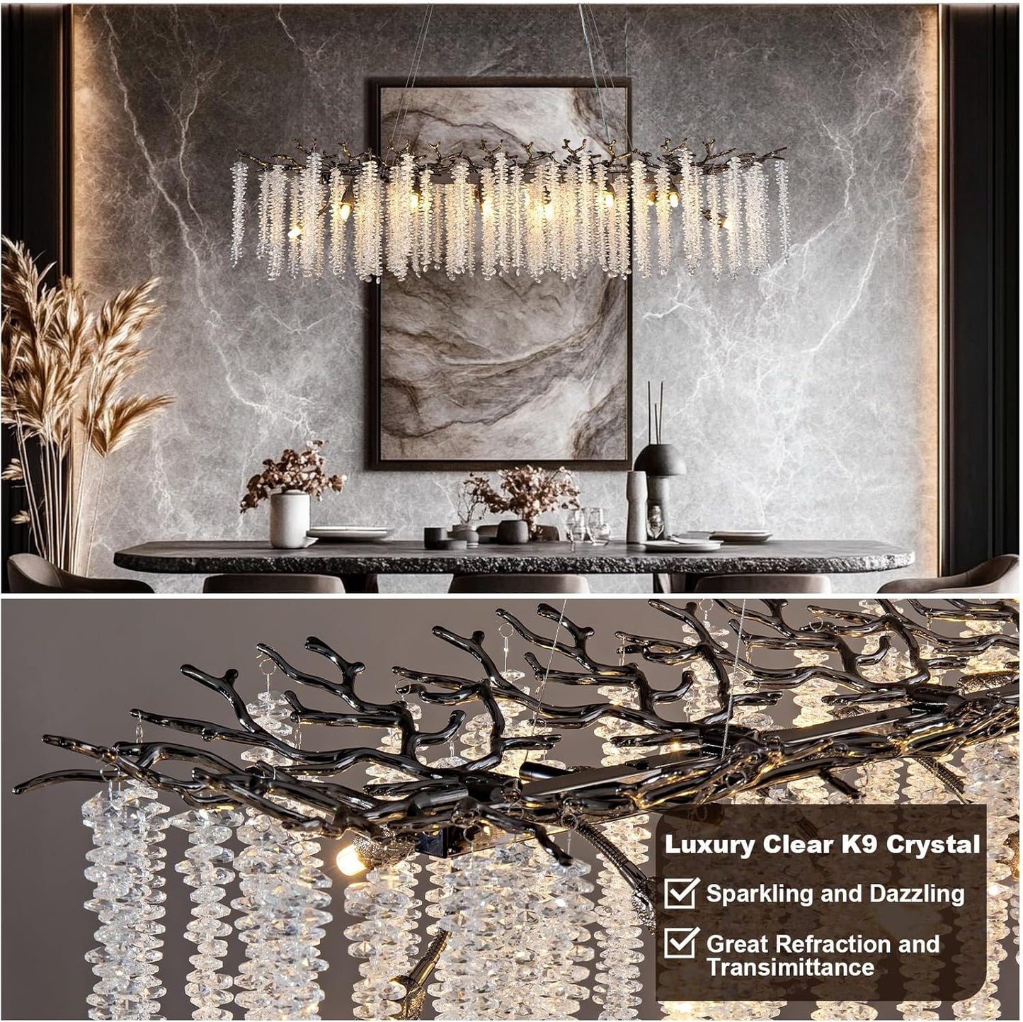 YUYI Black Crystal Chandelier, Modern 47.2" Rectangular Chandeliers for Dining Room,K9 Large Luxury Flush Mount Chandelier for Foyer Living Room,Kitchen Island Hanging Light Fixture