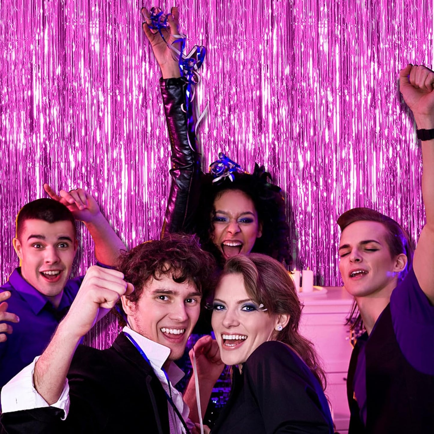 5 Pack Hot Pink Party Decorations - Tinsel Curtain Streamers Foil Fringe Backdrop for Birthday, Christmas, Bachelorette, Graduation, Fiesta Photo Booth