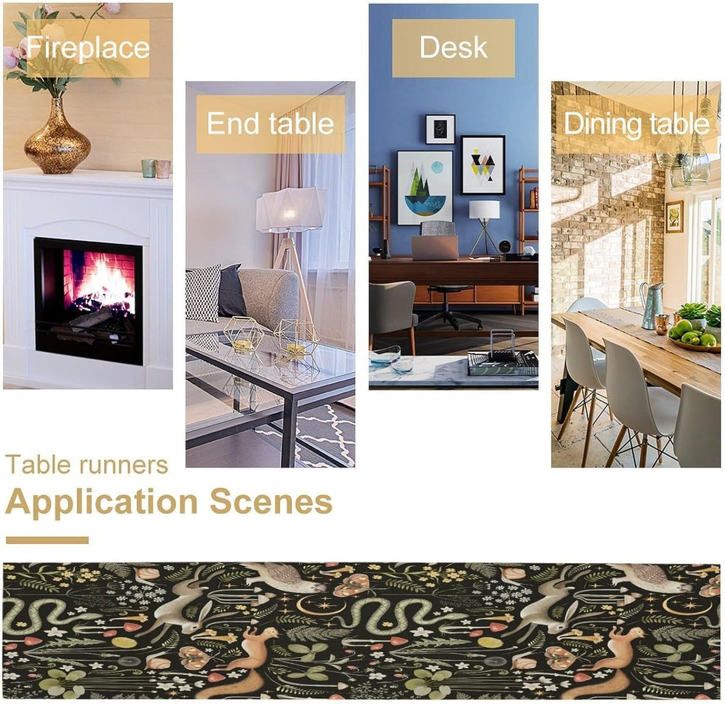 Mushroom Table Runner,Vintage Boho Forest Wild Animal Wildflower Botanical Plants Pattern Print Burlap Hotel Indoors Outdoor Dining Room Kitchen Holiday Party, 13x80in