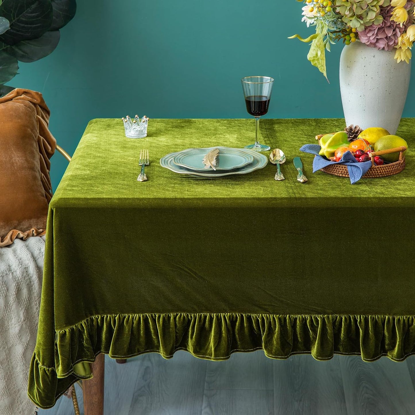 Velvet Tablecloth Luxurious Solid Rectangle Table Cloth,Oblong Retro Farmhouse Ruffle Tablecloths Washable Table Cover for Party Olive Green,52x70 Inches