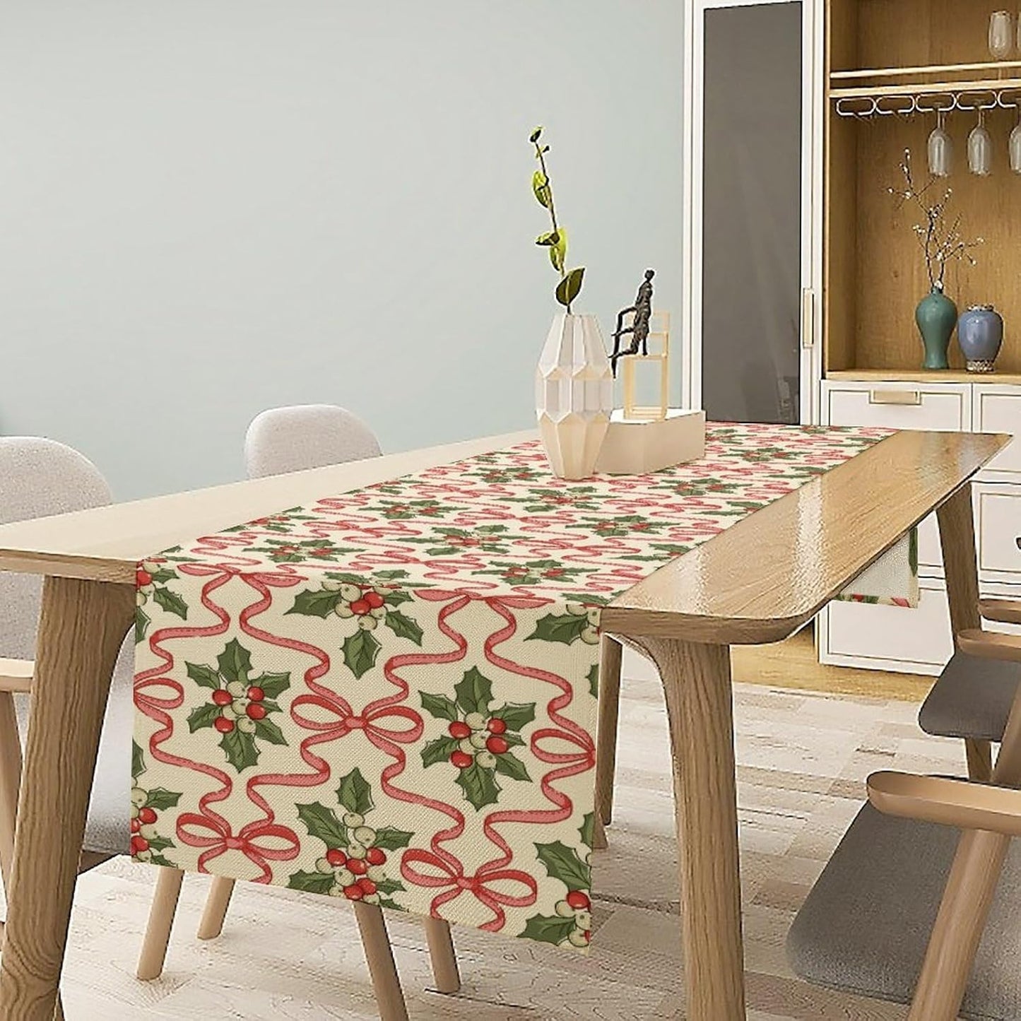 Christmas Table Runner,Xmas Holiday Bowknot Decor Table Cloth Kitchen Dining Table Decoration for Home Party Decor 13x36 Inch