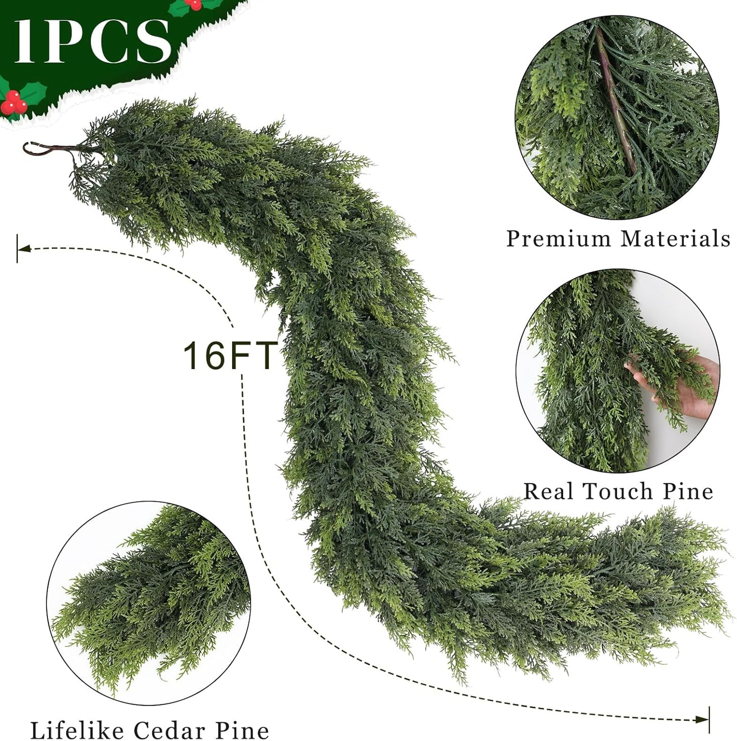 Real Touch Cedar Garland - Artificial Christmas Garlands Faux Green Cedar Fake Pine Needles Garland for Fireplace,Table, Stairs, Mantle, Window,Indoor Outdoor,Home,Holiday Decor(1 PCS,16 FT)