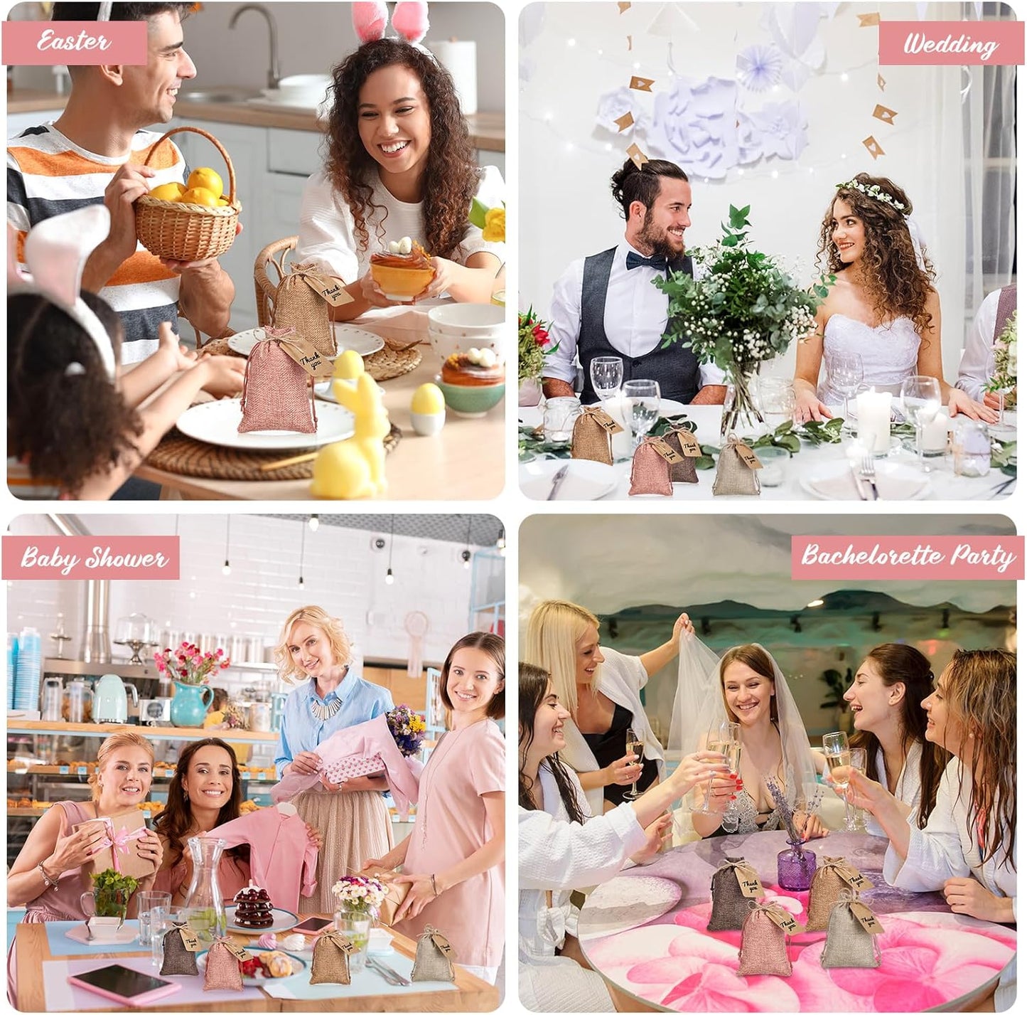 Woanger 100 Pcs Burlap Gift Bags with 100 Pcs Kraft Paper Gift Tags Drawstring Favor Bulk Burlap Sack Bags for DIY Wedding Party Craft(4 x 6 Inch,Beige, Medium Brown, Dark Brown, Gray Pink)