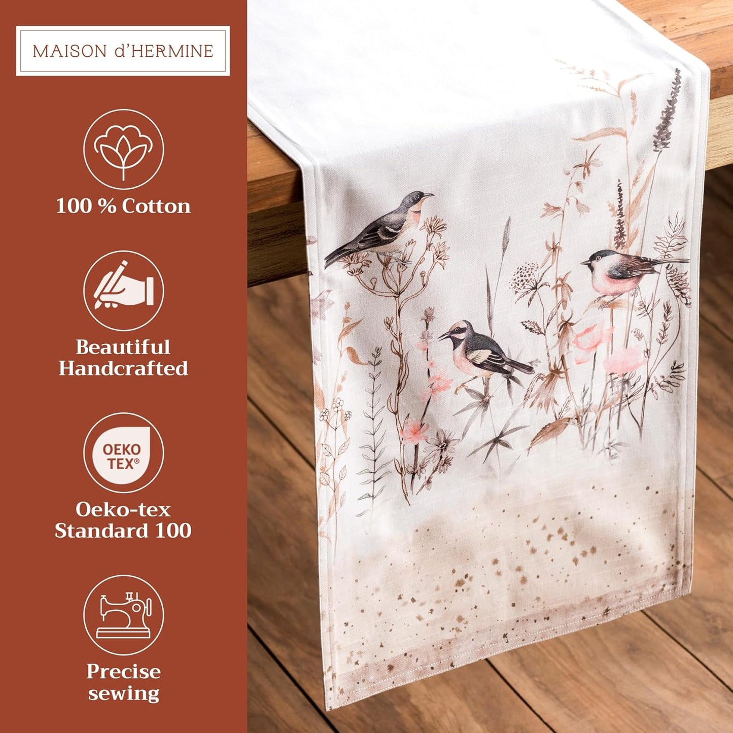 Maison d' Hermine Table Runner 100% Cotton Double Layer Table Runners 108 inches Long Decorative for Home Dining Party Wedding Bridal Shower Spring Summer (Meadow Florals - Brown, 14.50" x 108")