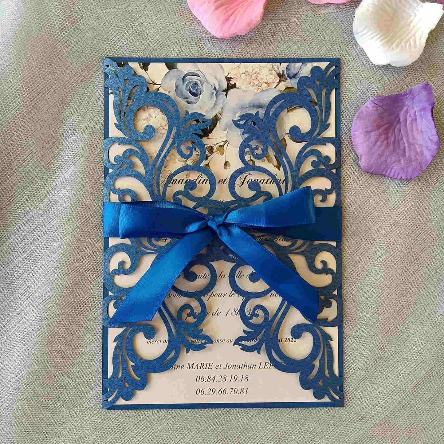 25PCS Royal Blue Laser Cut Wedding Invitations Cards with Envelopes,Blank pearl royal blue