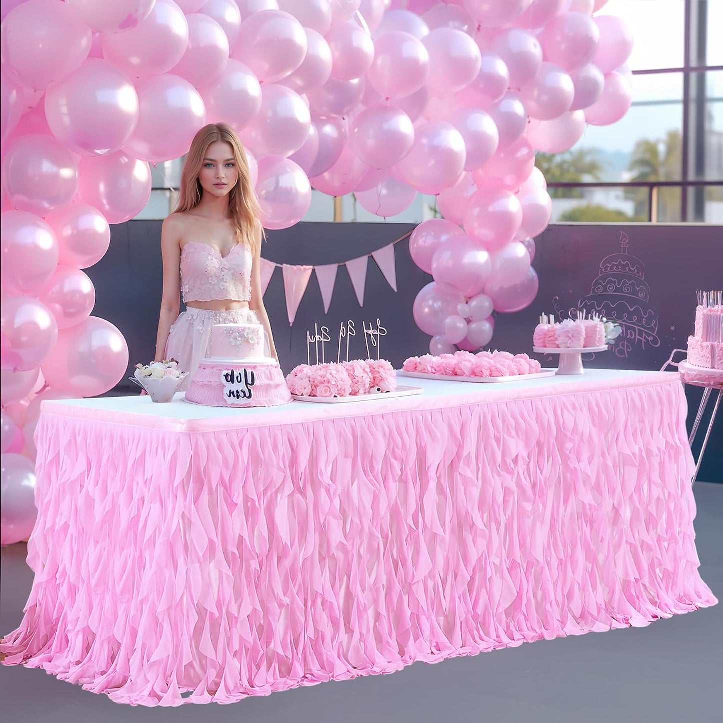 PARTISKY Pink Tulle Curly Willow Table Skirt for Rectangle Table 6ft, Ruffle Tutu Table Cloth for Girls Baby Shower,Birthday Party Candy Cake Tables