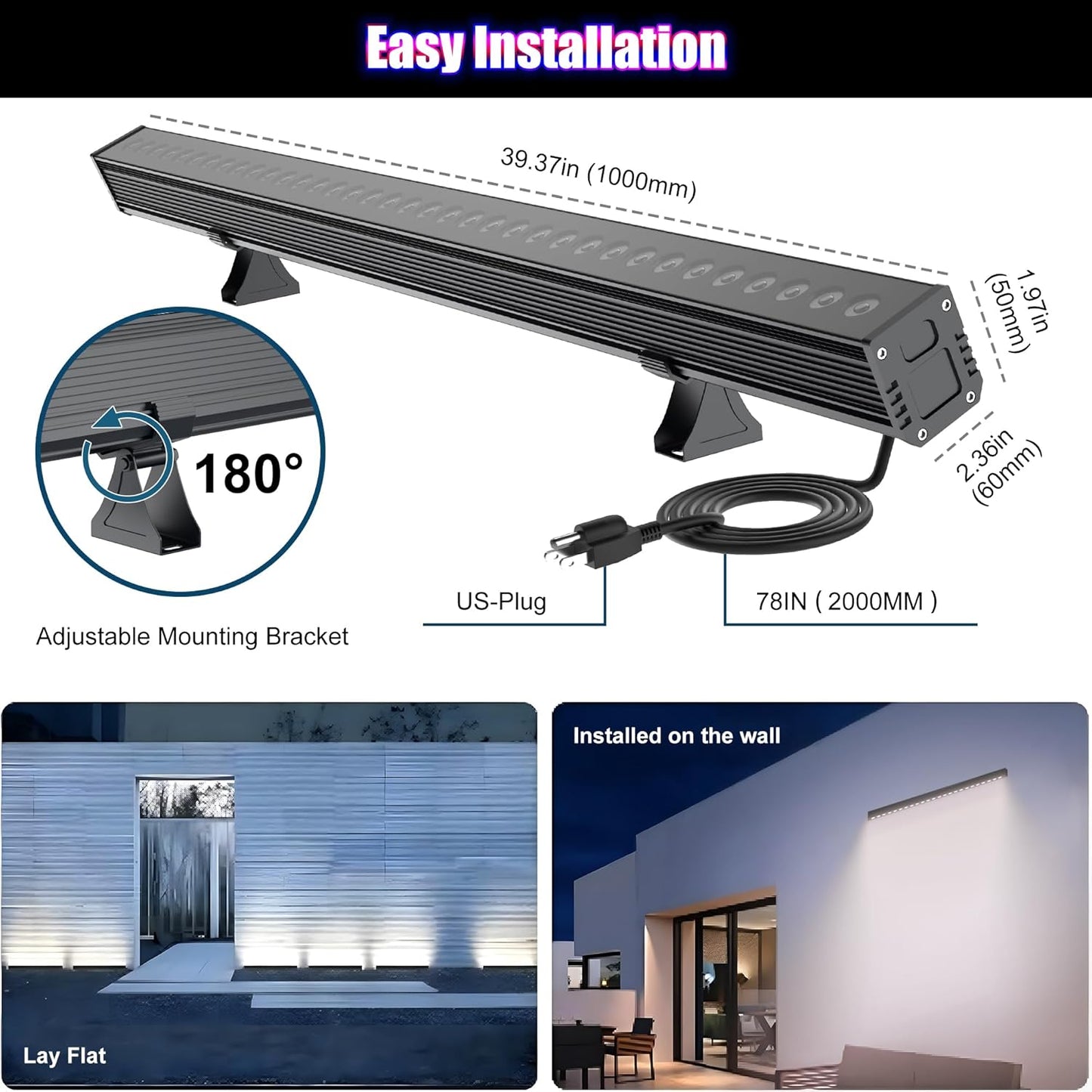 Smart Wall Washer Light Dimmable APP Control, 180W RGBCW Color Changing Linear LED Light Bar with RF Remote Control, Group Function, Timing, Perfect for Outdoor & Indoor Lighting Projects