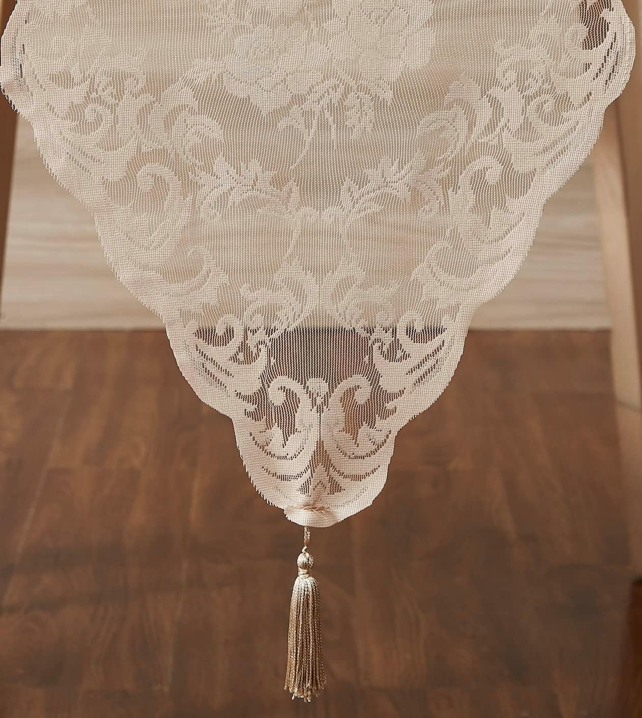 LinenZone Linen Table Runner with 2 Tassels for Rustic Vintage Decor. Lace Table Runner Works Great As Wedding, Thanksgiving, Christmas Decor (Mia 14 x 48, Linen)