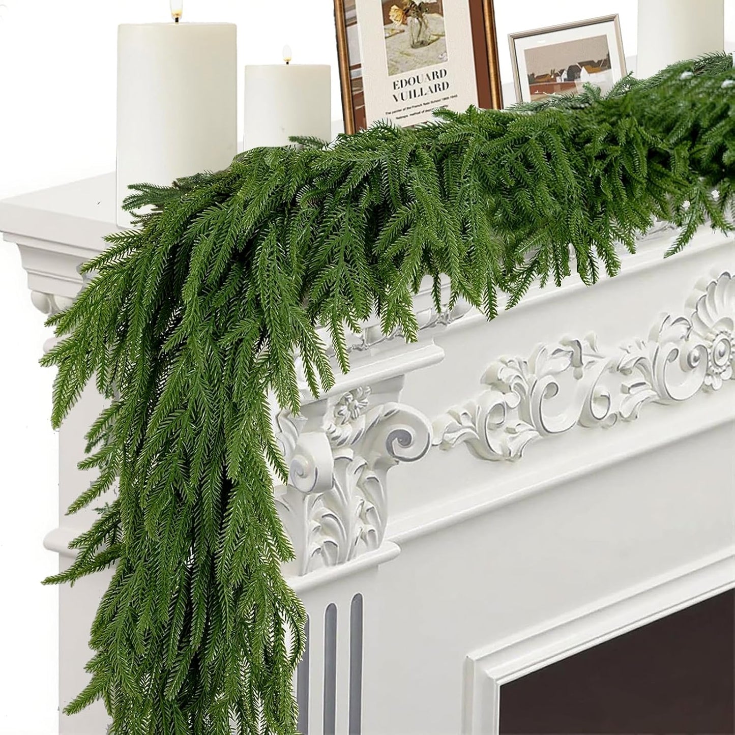 9FT Artificial Norfolk Pine Garlands for Christmas Decorations,Real Touch Winter Faux Greenery Garlands for Mantel Table Stair Fireplace Wall Holiday Indoor Outdoor Decor(2 Pack)