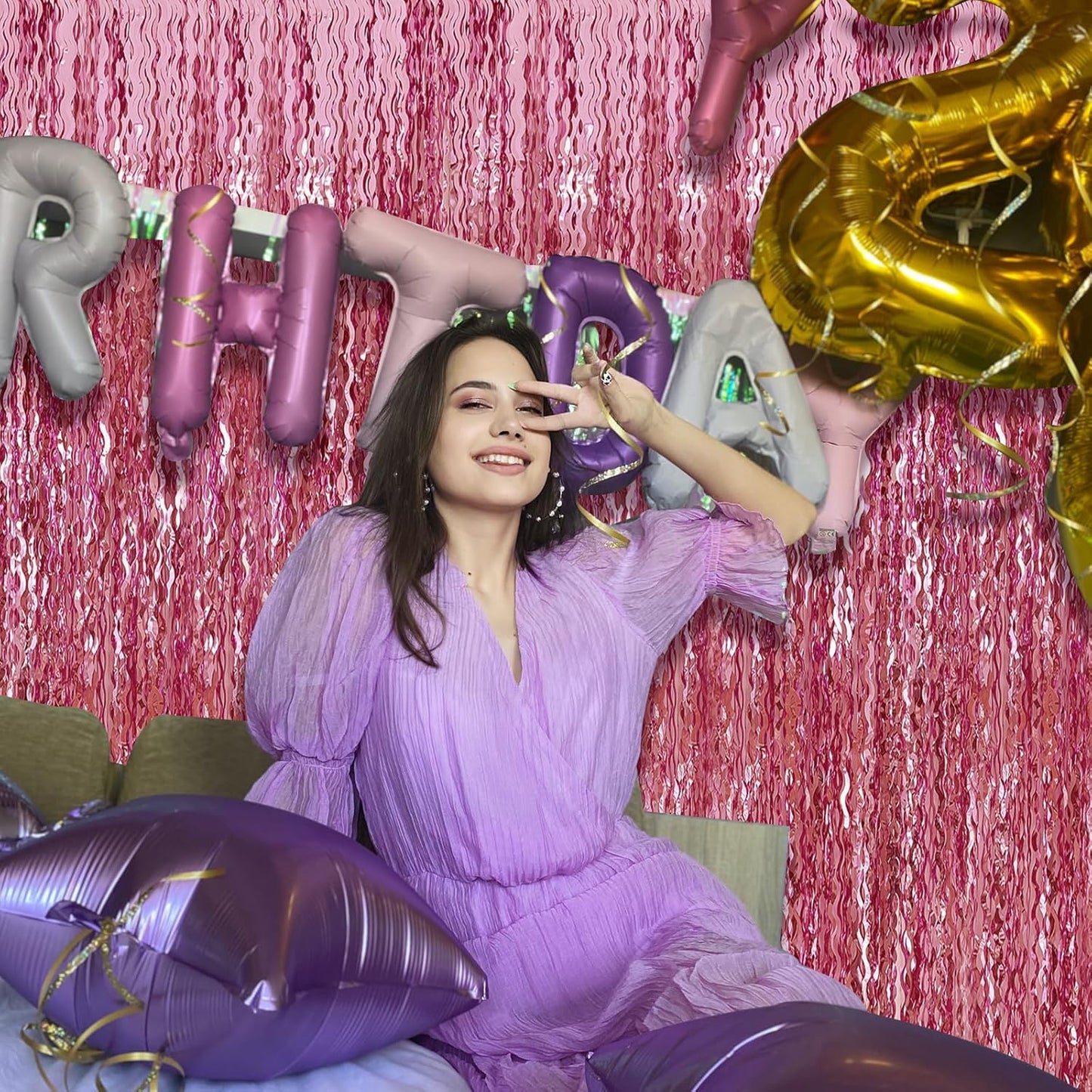 Pink Foil Curtain & Fringe Backdrop - Party & Bachelorette Decorations for Women - Valentine's Day & Birthday Celebrations