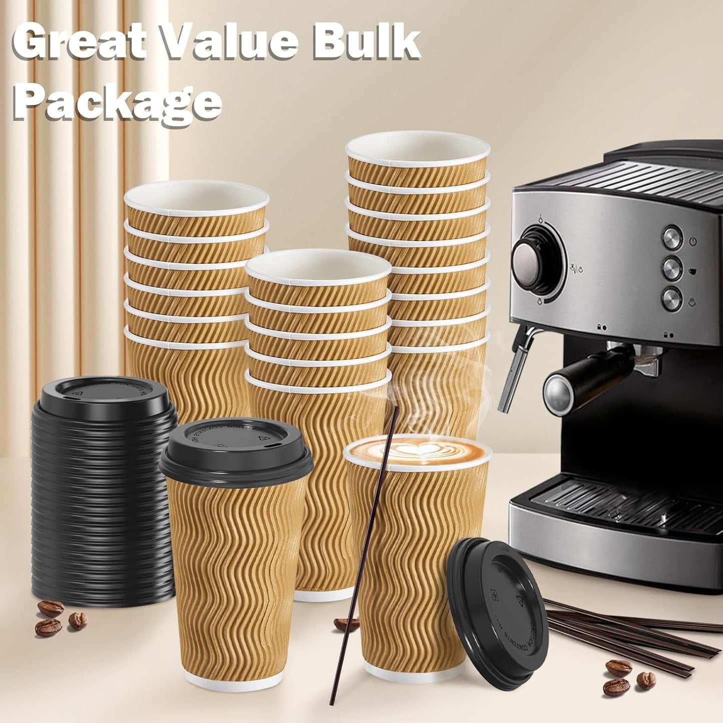 SIUQ 16 oz Coffee Cups-90 Pack Disposable Coffee Cups with Lids and Straws, Insulated Ripple Wall To Go Paper Coffee Cup for Coffee, Juice, Hot Chocolate and Hot Tea Drinks - Champagne