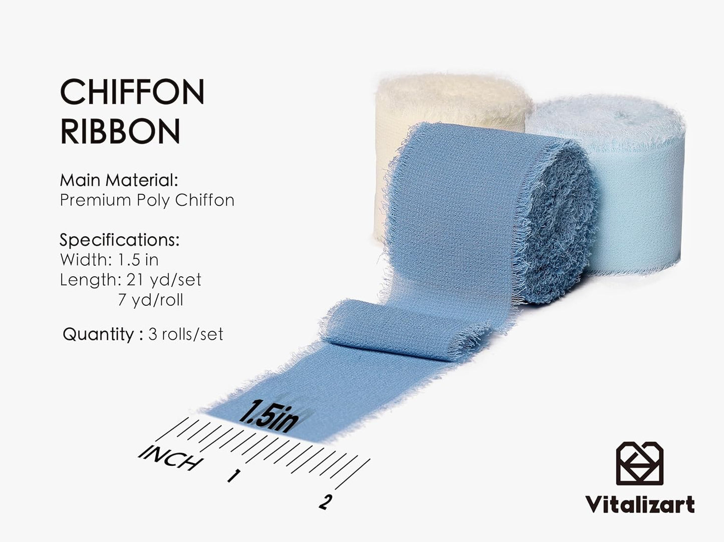 Vitalizart Blue Handmade Chiffon Silk Ribbon Fringe 1.5" x 21 Yd Dusty & Baby Blue Frayed Edges Ribbons for Wedding Invitations Bridal Bouquets Gifts Wrapping Crafts Holiday Party Decorations