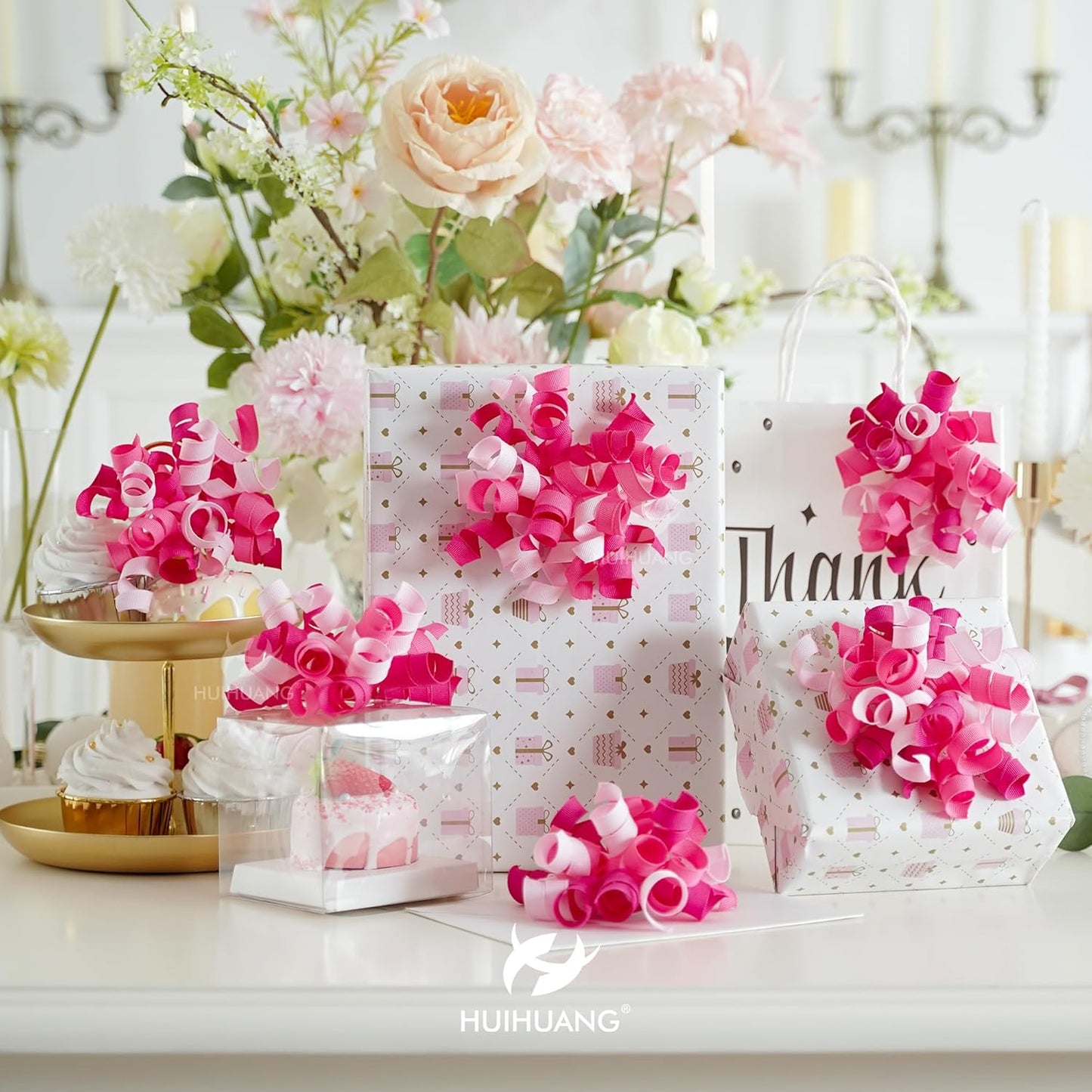 HUIHUANG Pink Bows for Gift Wrapping Self Adhesive Curly Gift Bows Fushcia/Pink/Hot Pink Bows for Presents, Birthday, Wedding Baby Shower Party Favors, Treat Bags- 6 Counts