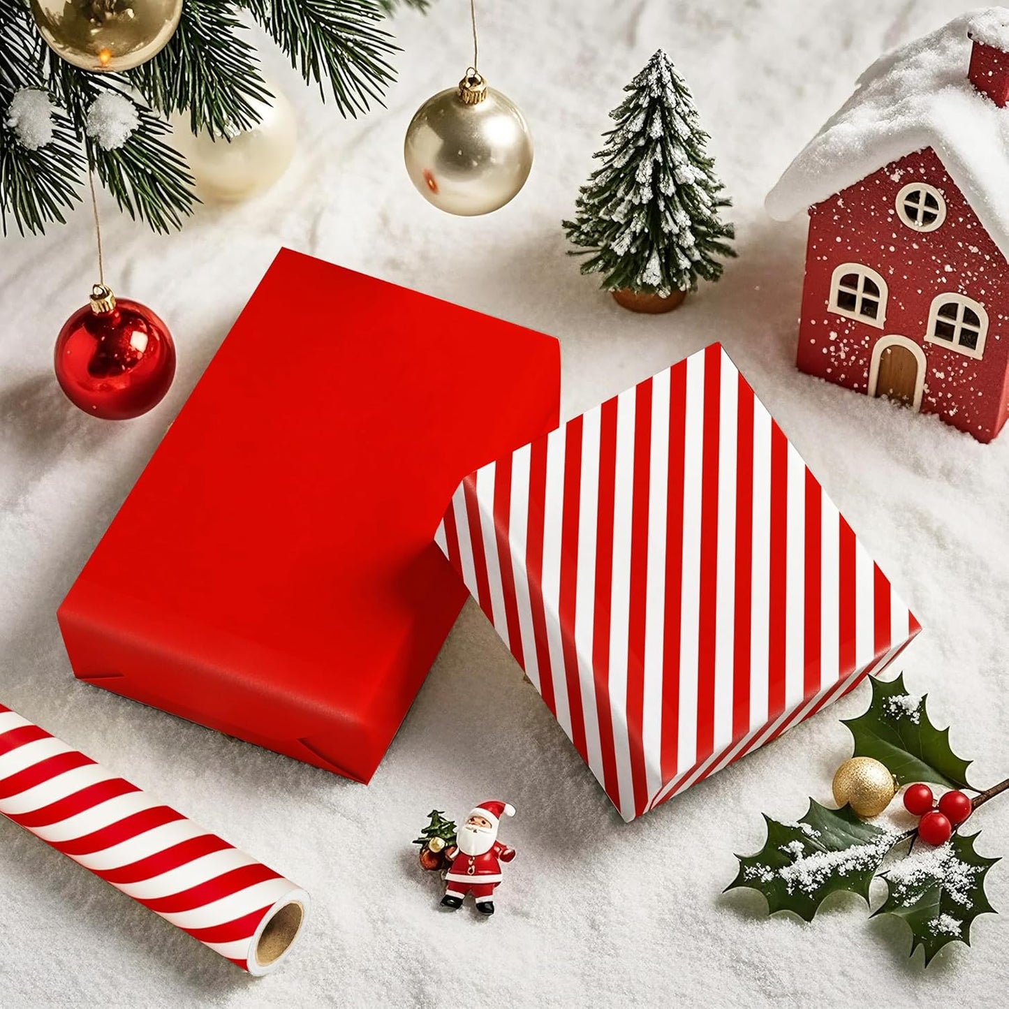 WRAPAHOLIC Reversible Wrapping Paper - Mini Roll - 17 Inch x 33 Feet - Red and Stripes Design for Christmas, Birthday, Holiday, Wedding, Baby Shower