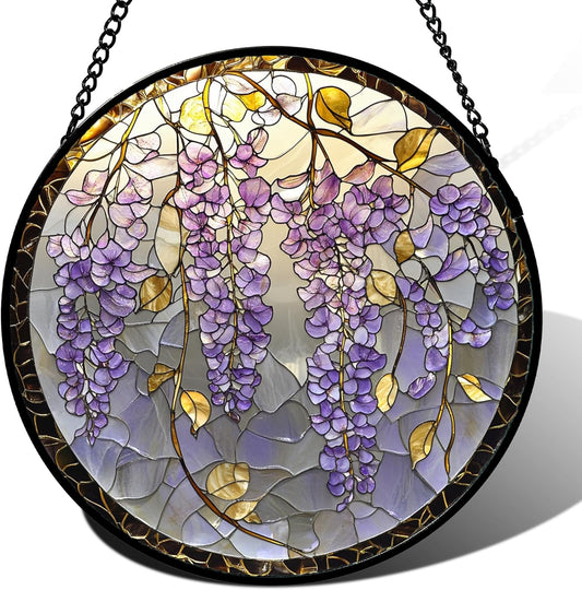 Stained Glass Window Hanging - Wisteria Flower Golden Leaves Sun Catcher for Door Home Decor Plant Suncatcher Christmas Mother's Day Birthday Gifts for Women Men Lovers Mom Nana 7.8 in