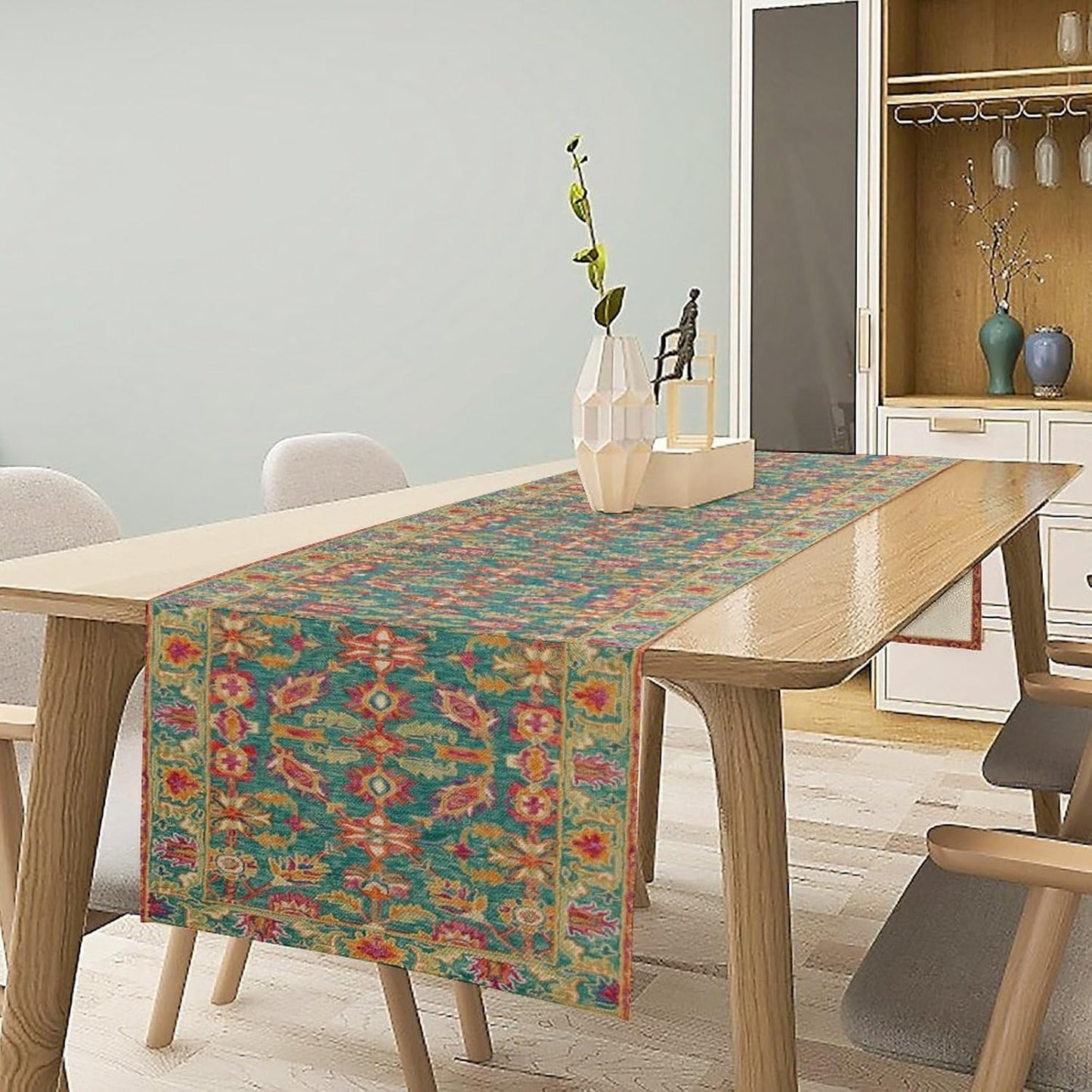 Vintage Boho Floral Table Runner, Rustic Country Farmhouse Teal Red Purple Flower Pattern for Home Kitchen Table Decor Dining Coffee Room Party Decor 13x60in