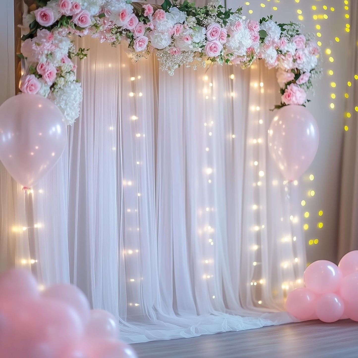 Tulle Backdrop Curtain with Lights String 10FT X 10FT White Sheer Tulle Backdrop Curtains for Wedding Birthday Party Reception Photo Booth Background Decorations (2 Panels 5x10FT)