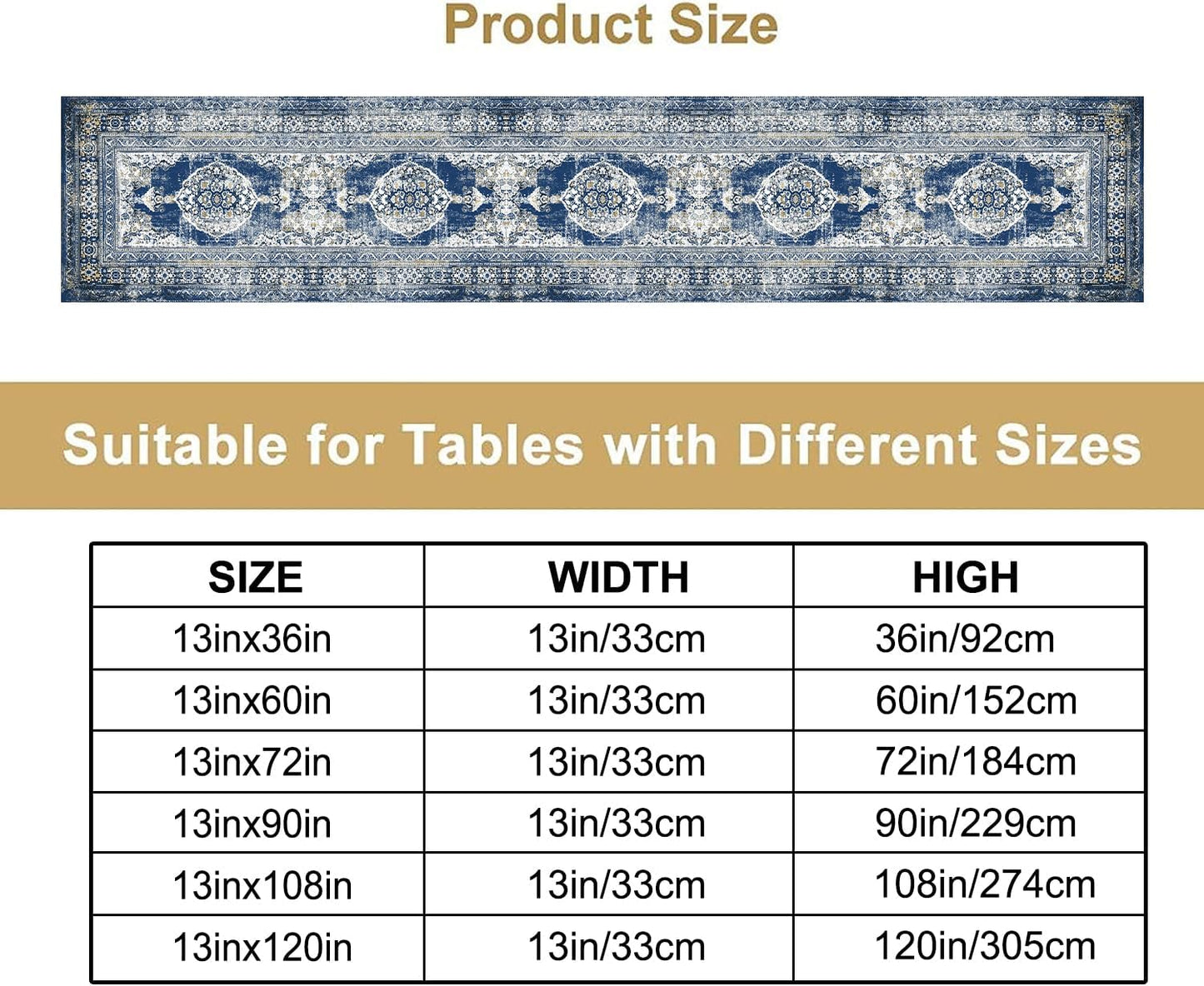 Vintage Boho Floral Table Runner, Rustic Country Farmhouse Blue Teal Retro Flower Pattern for Home Kitchen Table Decor Dining Coffee Room Party Decor 13x72in