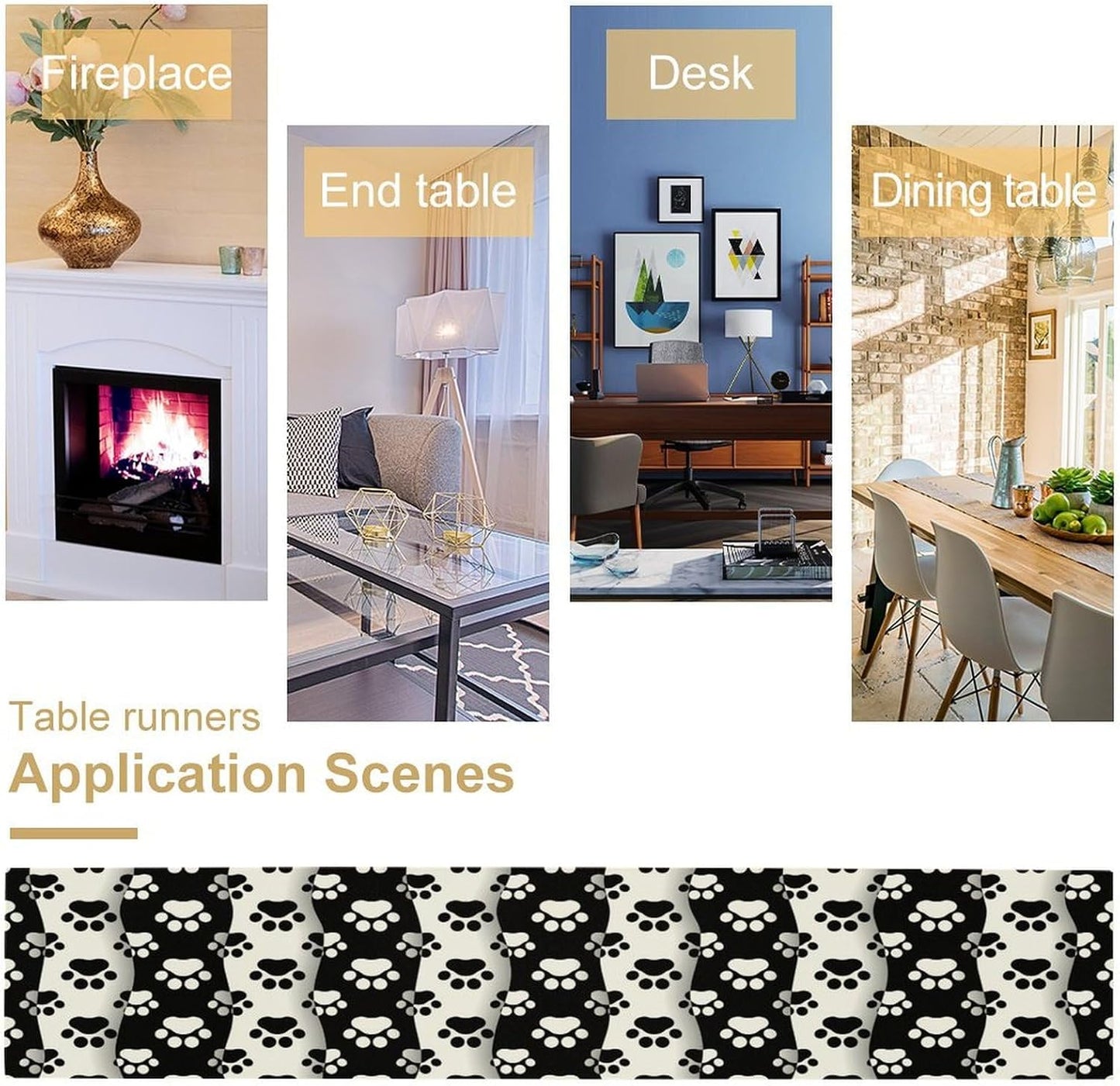 Dog Paw Table Runner,Kid Cute Animal Footprint Black White Theme Design Print Tablecloth Burlap for Hotel Indoors Outdoor Dining Room Kitchen Home Decor,W13X L108 in