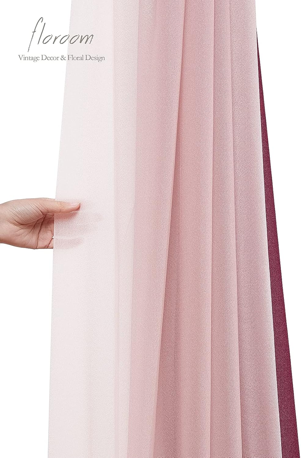 Floroom Wedding Arch Draping Fabric 3 Panels 20Ft Chiffon Fabric Drapes Arbor Drapery Wedding Ceremony Reception Swag Decorations (Burgundy +Dusty Rose +Blush)