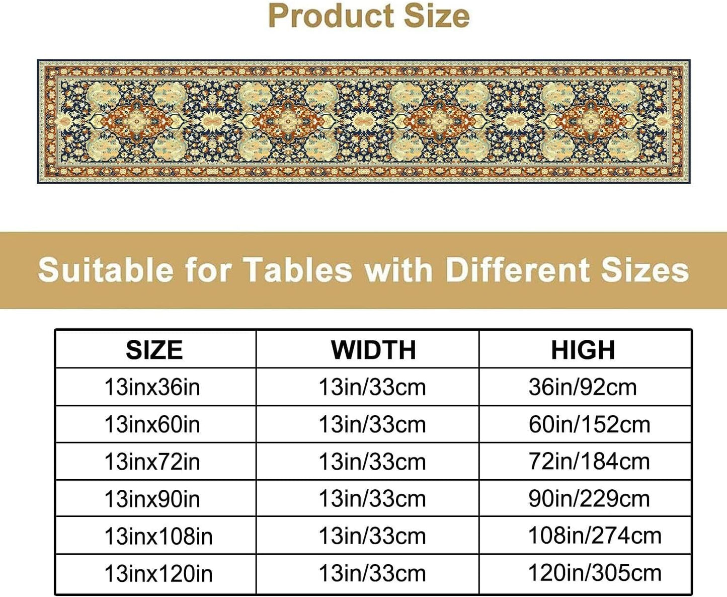 Vintage Boho Floral Table Runner, Elegant Luxurious Rustic Country Farmhouse Navy Blue Gold Retro Flower Pattern for Home Kitchen Table Decor Dining Coffee Room Party Decor 13x90in