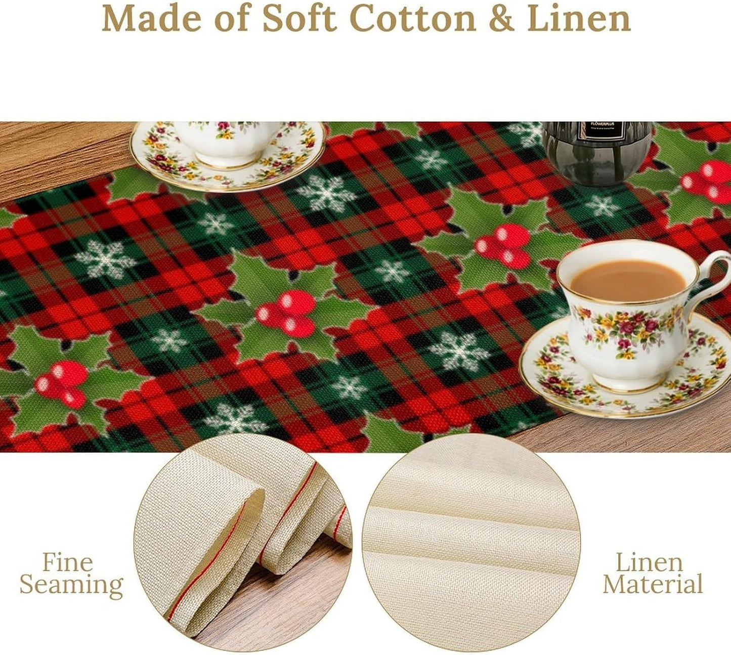 Christmas Table Runner, Red Check Plaid Winter Xmas Holiday Table Cloth Kitchen Dining Table Decoration for Home Party Decor 13x60 Inch