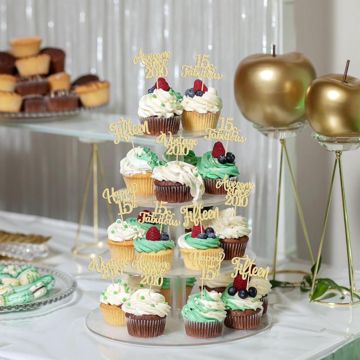 30Pcs Vintage 2010 Cupcake Toppers Glitter Fifteen Happy 15th Birthday 15 Fabulous Cupcake Picks Cheers to 15 Years for 15th Birthday Wedding Anniversary Party Cake Decorations Supplies Gold