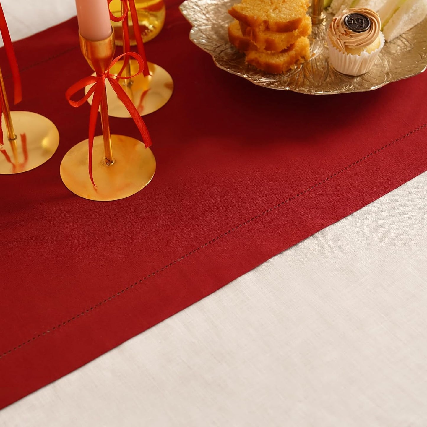 Red Table Runner 72 Inch – Cotton Linen Hemstitch Farmhouse Table Runner 14x72 – Washable Fabric for Dining, Fall, Halloween, Thanksgiving, Spring, Summer, Wedding, Everyday Décor – Serena