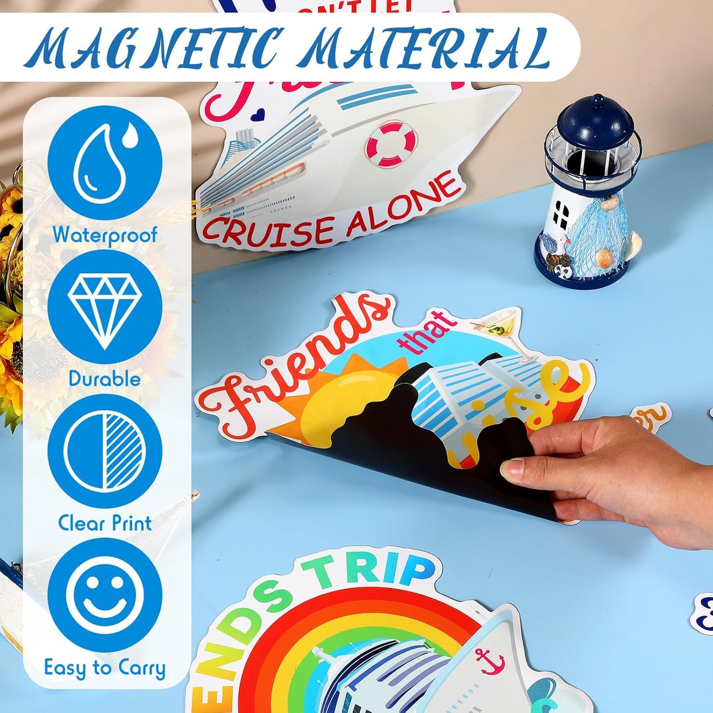 Hoteam 4 Pcs Friends Cruise Door Decorations Magnetic Large Friends Cruise Ship Door Magnets Funny Waterproof Ship Anchor Life Preserver Ring Magnets for Carnival Cabin Stateroom Fridge Car