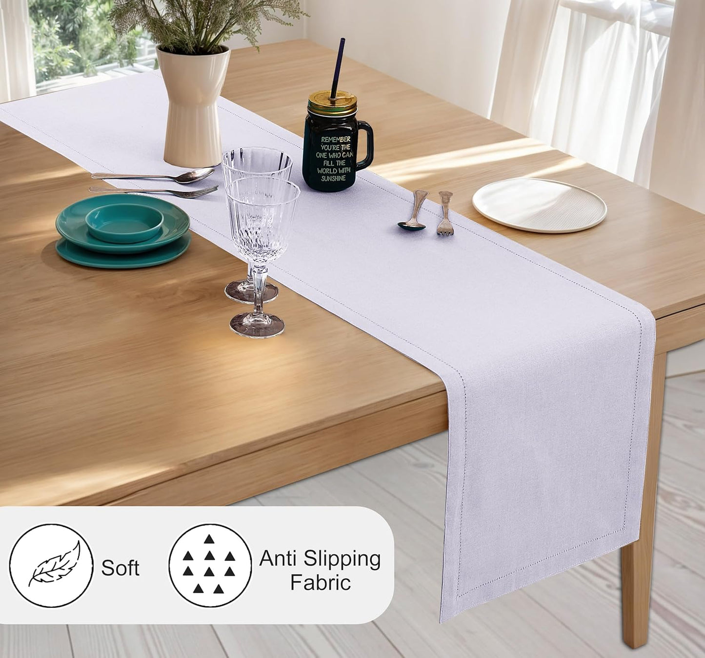 Ruvanti Linen Table Runner 60 Inches, Classic Hemstitch, Washable, Reusable, Non-Slipping, Stain Resistant- Perfect for Parties, Weddings, Dinners, Thanksgiving, Christmas, Indoor use – Lavender Grey