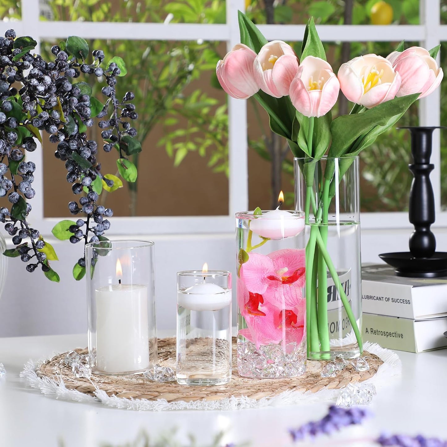 20 PCS White Floating Candles and 16 PCS Glass Vases for Centerpieces with 400 Fake Ice Acrylic Rocks Vase Filler Floating Candle Centerpieces for Tables Party Wedding Home Decoration